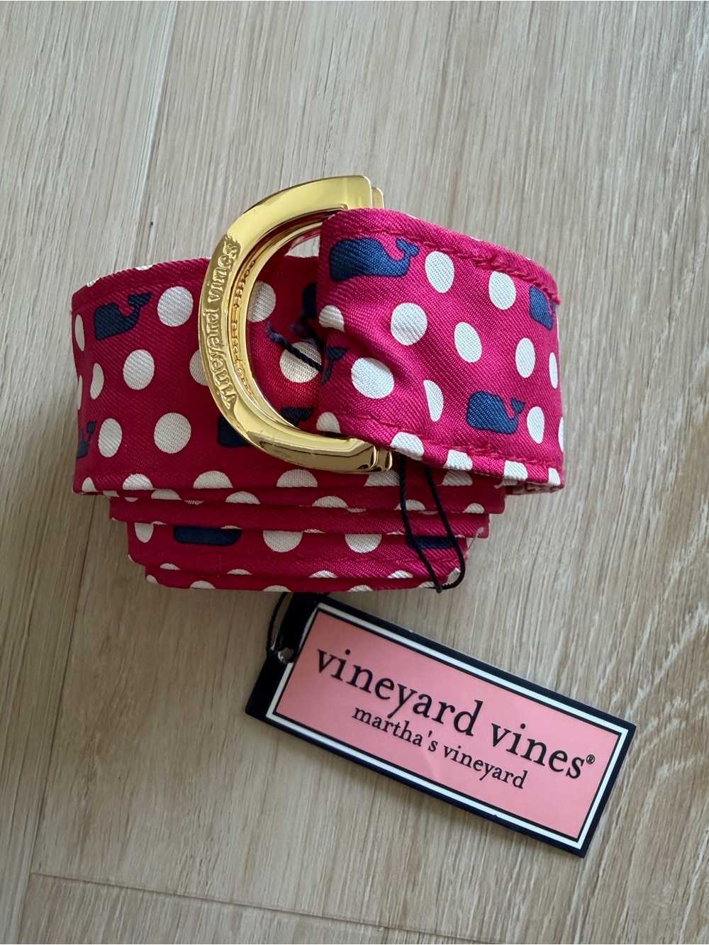 Vineyard Vines Pink Polka Dot Whale Ribbon Belt with Metal D-Ring Medium
